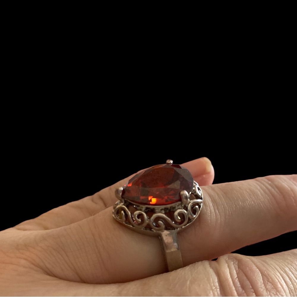 Garnet Amber Red Cz Silver Pear Shape Dinner Cocktail Ring Women’s Jewelry - Picture 5 of 12